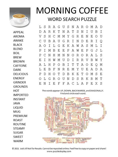 Coffee Games Ideas, Coffee Activities, Food Worksheet, Barn Bar, Coffee Magazine, Puzzles Printable, Free Word Search Puzzles, Puzzle Worksheet, Free Word Search