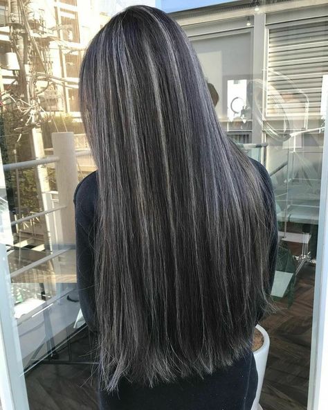 Ice Highlights Brown Hair, Brunette With Grey Highlights, Black Hair With Ash Blonde Highlights, Rayos En El Cabello Oscuro, Ashy Babylights On Dark Hair, Black Hair With Grey Highlights, Racoon Hair, Asian Hair Highlights, Streaks Hair