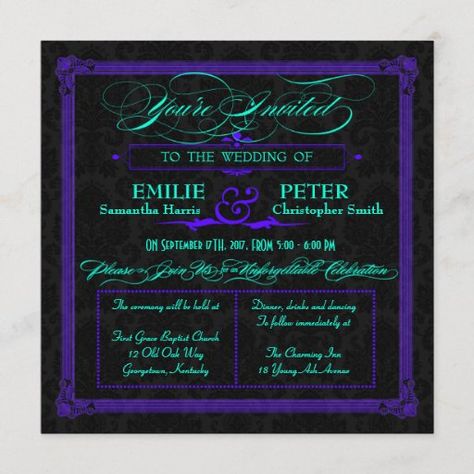 Purple And Green Wedding, Square Wedding Invitations, Green Poster, Purple Gothic, Damask Wedding, Green Wedding Invitations, You're Invited, Turquoise And Purple, Letter Design