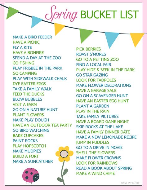 50 Fun Ideas for Your Spring Bucket List | Free Printable Spring School Activities Classroom, Spring Family Bucket List, Spring Bucket List For Families, April Bucket List Ideas, Toddler Spring Bucket List, Spring Traditions, April Bucket List, Spring Break Bucket List, Spring Break Activities For Kids