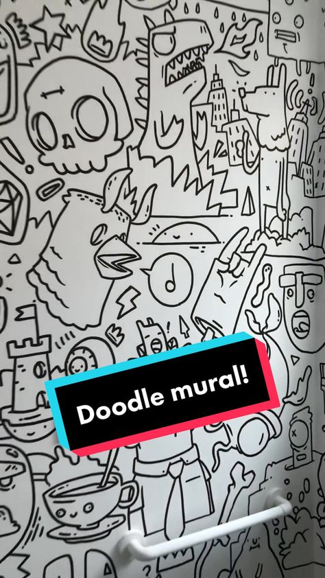 Mural from last year. One of my first all-over doodle walls! #mural #d... | TikTok Paint Doodles On Wall, Doodle Wall Mural, Doodle Mural Wall Drawing, Wall Doodle Art Bedroom, Wall Doodle Art, Doodle Mural, Doodle Wall Art, Coloring Wall, Wall Drawing Ideas