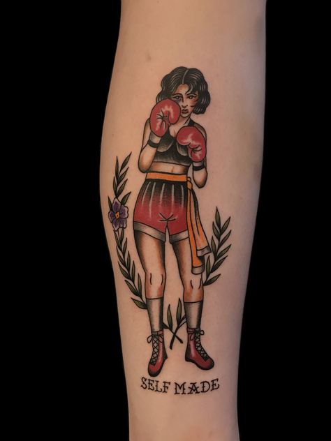 American Traditional Soldier Tattoo, American Traditional Boxing Gloves, Female Boxer Tattoo Traditional, Boxing Lady Tattoo, Traditional Boxer Tattoo Design, Traditional Tattoos Strength, Lady Boxer Tattoo, Boxing Traditional Tattoo, Boxer American Traditional Tattoo