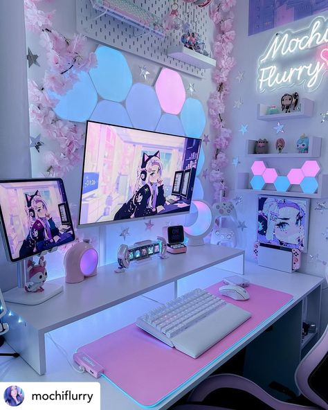 Pc Set Up Aesthetic, Cute Gaming Setup, Desk For Girls Room, Pc Room, Pink Office Decor, Cute Gaming, Nixie Tube Clock, Gaming Rooms, Gaming Desk Setup