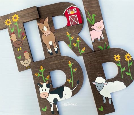 Farm Nursery Theme Boys, Wooden Letter Painting Ideas, Farm Animals Nursery Theme, Barnyard Nursery, Wooden Letters For Nursery, Farm Nursery Theme, Painted Wood Letters, Farm Nursery Decor, Farm Animal Nursery