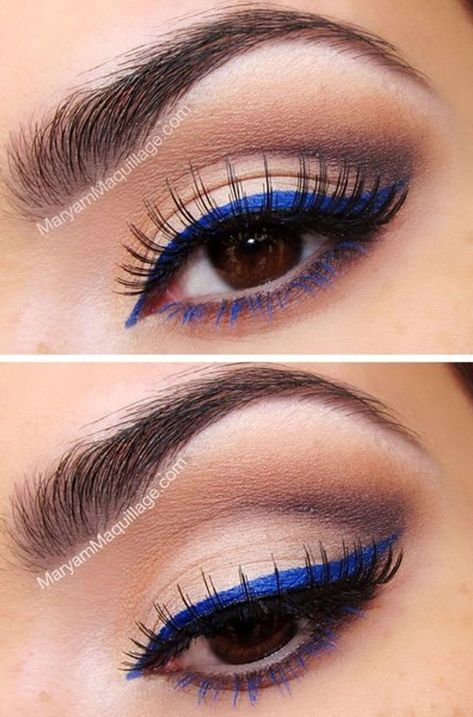 Delineado de colores : Foto - enfemenino Neutral Makeup Tutorial, Eyeliner Ideas, Beginner Eyeshadow, Gold Eyeliner, Drugstore Makeup Tutorial, Party Make-up, Eyeliner For Beginners, Makeup Tip, Blue Eyeliner