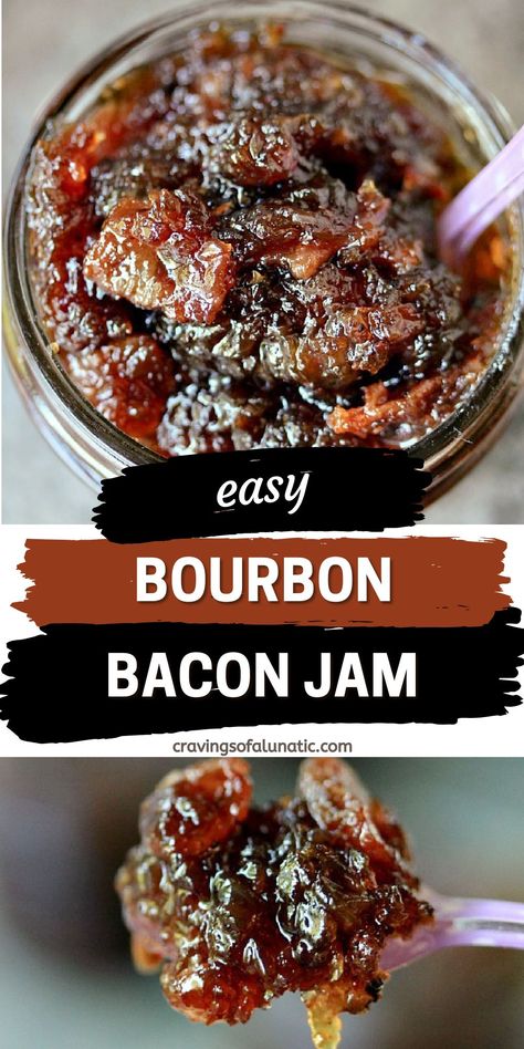 Collage image featuring two photos of bourbon bacon jam. Top image is an overhead photo fo the jam in a small wide mouth mason jar with a spoon in it. Bottom image is a close up of the jam on a spoon. Boozy Dips, Bourbon Bacon Jam, Diy Condiments, Bacon Jam Recipe, Bourbon Bacon, Jam Recipes Homemade, Holiday Favorite Recipes, Bacon Jam, Football Sunday