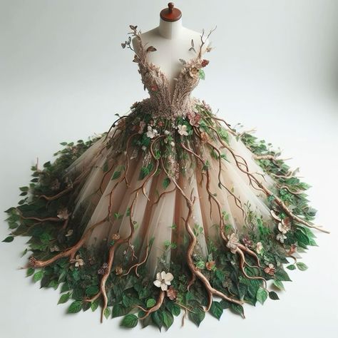 Olden Time Dresses, Forest Inspired Dress, Nature Dress Aesthetic, Mushroom Wedding Dress, Enchanted Forest Aesthetic Outfit, Forest Theme Dress, Nature Dress Forests, Nature Themed Dress, Enchanted Forest Outfit