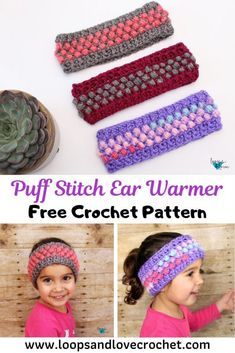 Puff Stitch Ear Warmer - Free Crochet Pattern Loops & Love Crochet Crochet Ear Warmer Free Pattern, Crochet Ear Warmer Pattern, Puff Stitch Crochet, Stitch Ears, Crochet Headband Pattern, Crochet Ear Warmer, Puff Stitch, Headband Pattern, Ear Warmer