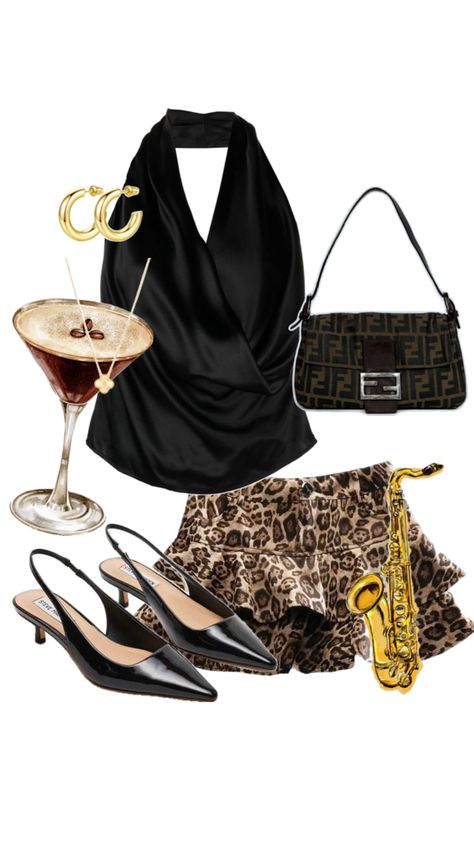 A timeless leapord print outfit with a black cowel neck top and a fendi baguette - perfect for a night at the Jazz bar xx Fendi Baguette Outfit, Bar Outfit Night, Bar Clothes, Jazz Outfits, Bad And Bougie, Bar Dress, Bar Outfits, Jazz Dress, Party Outfits Night