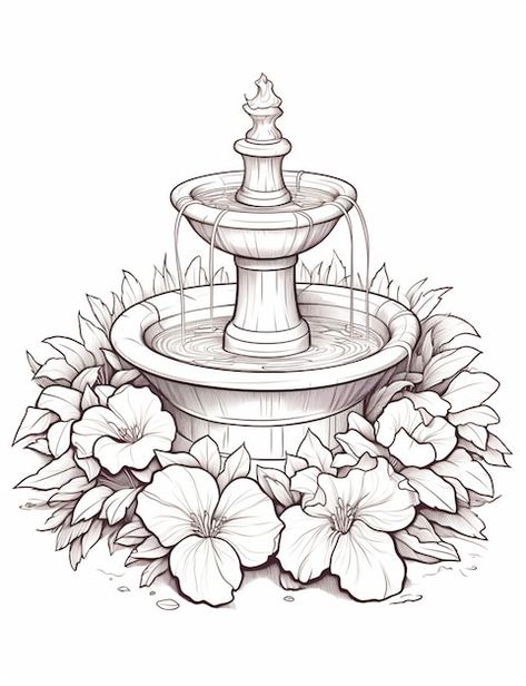 Water Fountain Drawing, Fountain Drawing, Greek Decor, Stitch Art, Cross Stitch Art, Water Fountain, A Drawing, Premium Photo, 1 Million