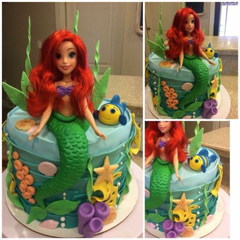 Ariel Cake Ideas, Ariel Doll Cake, Mermaid Doll Cake, Doll Cake Designs, Decor Tort, Birthday Cake Tutorial, Little Mermaid Cake, Ariel Cake, Doll Birthday Cake