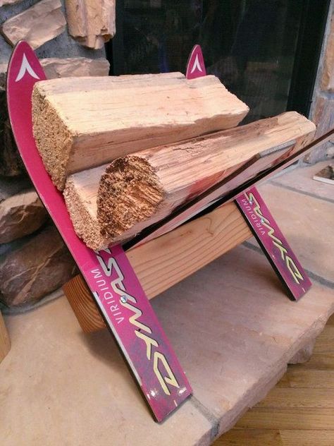 Ideas For Repurposing Old Skis and Snowboards: Trash to Treasure | Buckmans.com Old Skis Ideas, Indoor Firewood Rack, Firewood Storage Indoor, Ski House Decor, Outdoor Firewood Rack, Old Skis, Ski Lodge Decor, Ski Cabin, Ski Decor