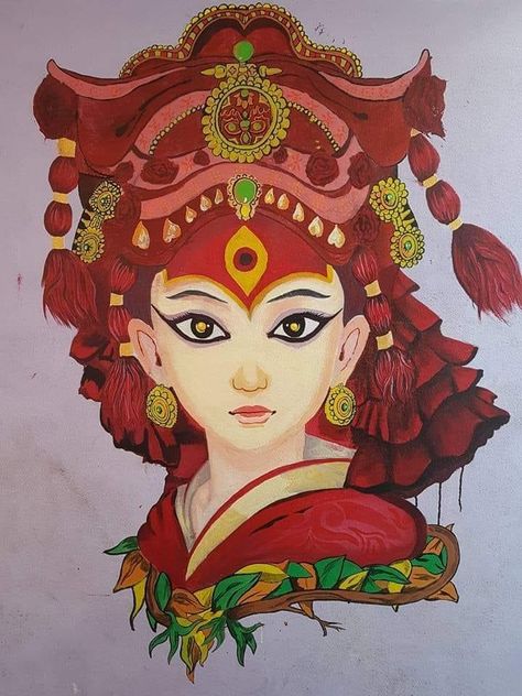 Lakhey Culture Art, Nepali Culture Drawing, Kumari Drawings, Nepali Art Paintings, Nepali Drawing, Nepali Culture Art, Kumari Goddess Painting, Nepal Drawing, Kumari Goddess