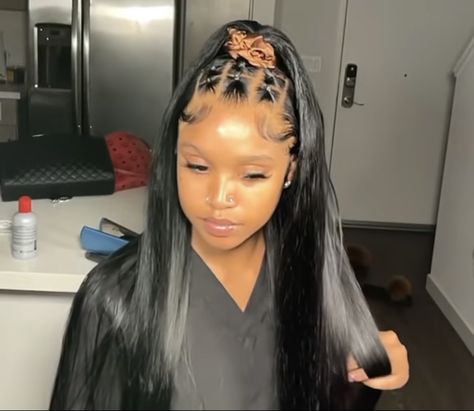 Rubber Band Hairstyles On Wig, Rubber Band Hairstyles Lace Wig, Rubber Band Wig Hairstyles, Criss Cross Quickweave, Half Up Half Down Sewin Weave, Criss Cross Half Up Half Down Hair, Straight Frontal Wig Hairstyles, Hairstyles For Black Women Weave, Straight Wig Hairstyles