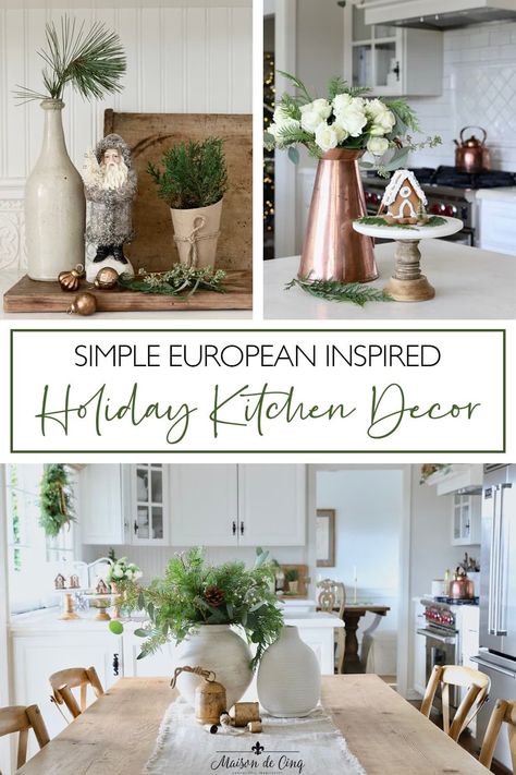 Gorgeous European Farmhouse Christmas Inspiration! French inspired Christmas Decor Ideas using Caramel and Copper--->#maisondecinq christmasdecor christmasdecorating holidaydecor holidaydecorating whitechristmas farmhousestyle frenchfarmhouse frenchcountry countryfrench farmhousechristmas frenchchristmas neutralchristmasdecor europeanfarmhouse European Farmhouse Christmas, European Christmas Decor, French Country Christmas Decor, French Christmas Decor, Holiday Kitchen Decor, French Country Christmas, Minimalist Christmas Decor, Front Door Christmas Decorations, Neutral Christmas