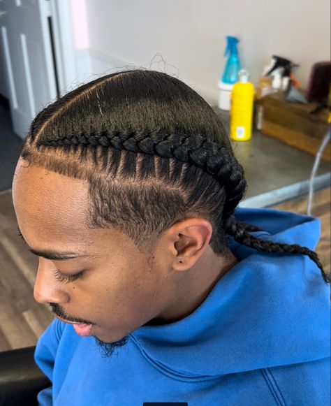 Mens Two Braids, Conroe Braids Hairstyles Men, Men Two Braids, Two Cornrow Braids Men, Men Straight Back Braids, 4 Cornrows Braids Men, Corn Row Braids Styles, Two Braids Men, 2 Braids Men