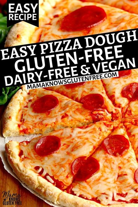 gluten-free pizza with pepperoni on white parchment paper Dairy Free Pizza Crust, Gluten Free Pizza Crust Recipe, Gluten Free Pizza Recipes, Gluten Free Pizza Dough, Dairy Free Pizza, Dairy Free Recipes Dinner, Gluten Free Pizza Crust, Easy Pizza Dough, Homemade Gluten Free