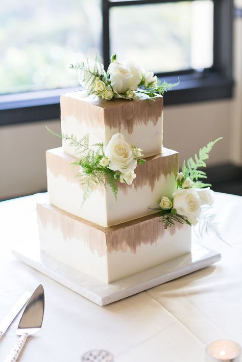 Wedding cake design - Modern painted tiers with elegant white roses - greenery - three tiered gold painted cake - dessert | ChicChicFindings.etsy.com Gold Painted Cake, Wedding Cakes Ideas, Wedding Cake Fresh Flowers, Wedding Cake Design, Painted Cake, Square Wedding Cakes, Cake White, Wedding Themed, Floral Wedding Cakes