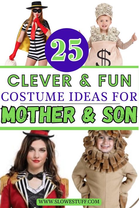 Images of mother and son wearing halloween costumes with banner that  says 25 of the best mother and son halloween costume ideas with website www.slowestuff.com listed Fun Costume Ideas, Costume Ideas Diy, Great Halloween Costumes, Mother And Son, Mother Son, Halloween Costume Ideas, Costume Ideas, Halloween Costume, Halloween Costumes