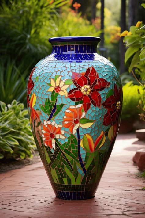 Mosaic Garden Ideas, Gold Mosaic Tile, Mosaic Vases, Mosaic Planters, Mosaic Tiles Crafts, Mosaic Art Diy, Mosaic Pots, Mosaic Vase, Mosaic Flower Pots