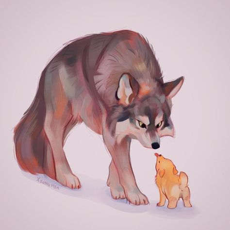 Xiong Hea on Instagram: ""you're telling me that this potato used to be a wolf in the past??!!!" I just wanted to draw something cute so have a potat blepping at a wolf!!! 🐺🐶 But yeah I am finally starting to get the hang of letting the brushworks carry the work and not over-render... (LESS IS MORE😤) it's actually harder to make good art with scribbles and I still need more practice at it! . . . . . #wolf #puppy #wolfart #animalart #digitalart #sketch #digitalsketch #sketchbook #sketchbookart Wolf Puppy, Cute Wolf Drawings, Wolf Sketch, Canine Drawing, Good Art, Puppy Art, Canine Art, Wolf Drawing, Cute Cats Photos