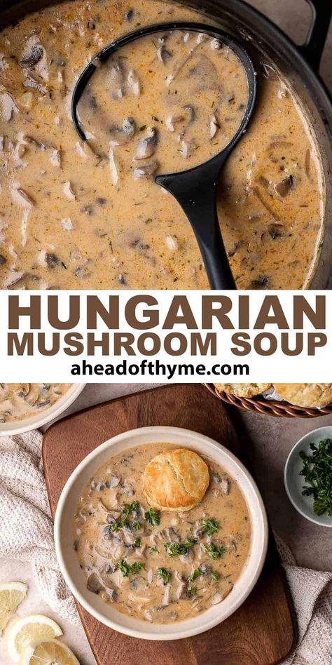 This rich, hearty Hungarian Mushroom Soup features a bounty of tender, earthy mushrooms in a perfectly seasoned, creamy broth. Plus, this nostalgic Hungarian recipe comes together in almost no time at all and is the perfect way to warm up on those cool nights. You just need a little crusty bread, a dollop of sour cream, and dinner is served! Mushroom soup is one of the most comforting types of soup. | aheadofthyme.com #hungarianmushroomsoup #mushroomsoup via @aheadofthyme Mushroom Stroganoff Soup, Soul Warming Hungarian Mushroom Soup, Instant Pot Hungarian Mushroom Soup, Slovak Mushroom Soup Christmas Eve, Russian Mushroom Soup, Spicy Mushroom Soup, Ukrainian Mushroom Soup, Creamy Mushroom Soup Crockpot, Oyster Mushroom Soup Recipe