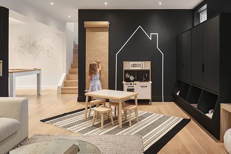 Kids Playroom Basement, Modern Playroom, 2022 Picture, Basement Playroom, Modern Basement, Glass Staircase, Mount Royal, Integrated Fridge, Custom Built Ins