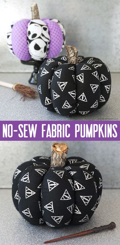 No-Sew Fabric Pumpkins | artsy-fartsy mama Fabric Pumpkins No Sew, Fall Food Crafts, 4h Crafts, Fall Library, Quick Halloween Crafts, Halloween Fabric Crafts, No Sew Projects, Nightmare Before Christmas Pumpkin, Harry Potter Fabric