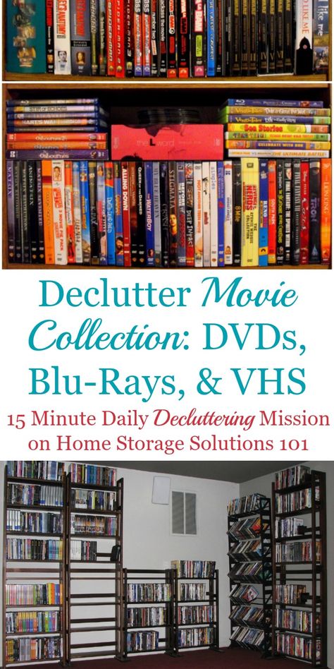 How to #declutter movies and videos from your collection, in whatever form such as DVDs, Blu-rays, VHS video tapes, and even digital copies {part of the #Declutter365 missions on Home Storage Solutions 101} #decluttering Vhs Organization Ideas, Vhs Storage Ideas, Declutter Calendar, Vhs Storage, Sentimental Clutter, Declutter 365, Clutter Bug, Movie Organization, Photo Organizing