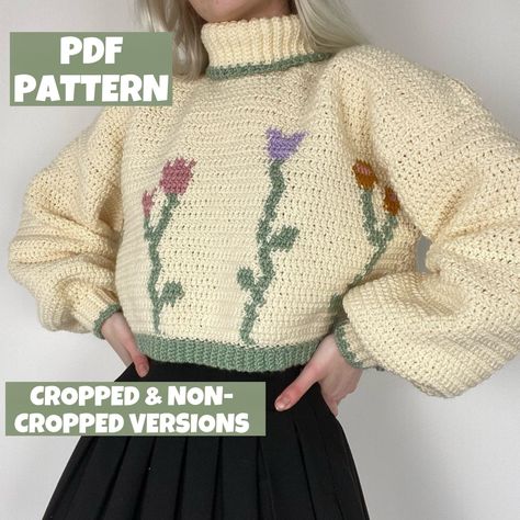 This is NOT A PHYSICAL ITEM but a downloadable PDF file of the pattern for this jumper! This pattern uses US crochet terminology.  This pattern has options to make a cropped sweater as seen in the listing pictures or a longer one :) A cottage inspired flower meadow cosy jumper for you to create! This jumper mainly uses half double crochet throughout and features cosy, slightly oversized sleeves and single crochet ribbing on the cuffs and neckline.  I would not suggest this pattern for a very beg Jumper Crochet, Crochet Sweater Pattern, Crochet Pullover, Crochet Unique, Confection Au Crochet, Crochet Jumper, Flower Meadow, Spring Knits, Crochet Clothing And Accessories