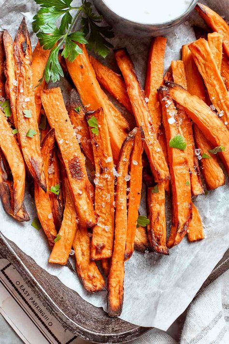 Truly Crispy Air Fryer Sweet Potato Fries - The Big Man's World ® Sweet Potato Air Fryer, Sweet Potato Fries Air Fryer, Air Fryer Sweet Potatoes, Air Fryer Sweet Potato Fries, Making Sweet Potato Fries, Ground Chicken Burgers, Frozen Sweet Potato Fries, Baked Haddock, Oven Baked Fries