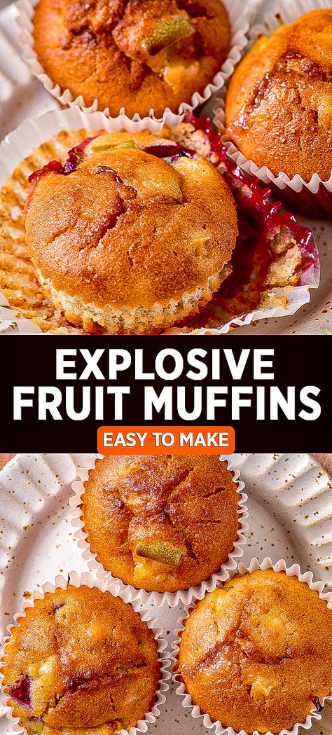 Explosive Fruit Muffins Fresh Fruit Muffins, Fruit Cocktail Muffins Recipe, Passion Fruit Muffins, Fruit Filled Muffins, Fruit Muffins Easy, Fruit Cocktail Muffins, Frozen Fruit Muffin Recipes, Canned Mixed Fruit Recipes, Mixed Fruit Muffins