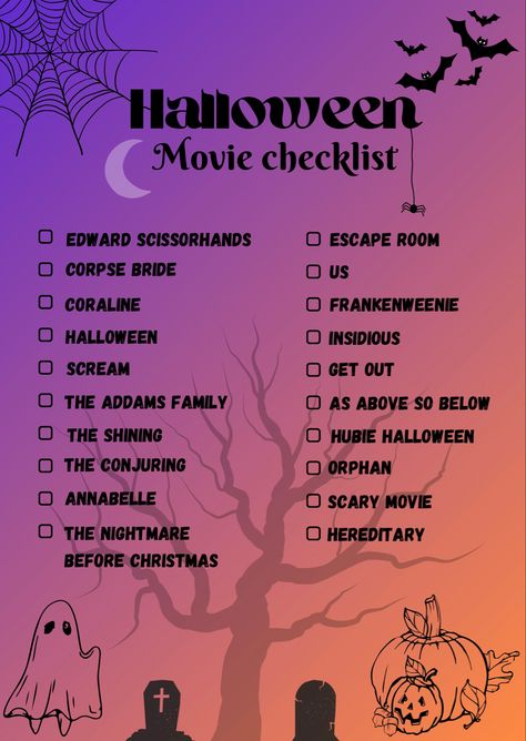 A checklist with Halloween movies Horror Movies To Watch List, Halloween Movies List Horror Films, Action Movies To Watch List, Halloween Movie Checklist, Fall Quotes Aesthetic, List Of Movies To Watch, Halloween Checklist, Wallpaper Backgrounds Halloween, Movie Checklist