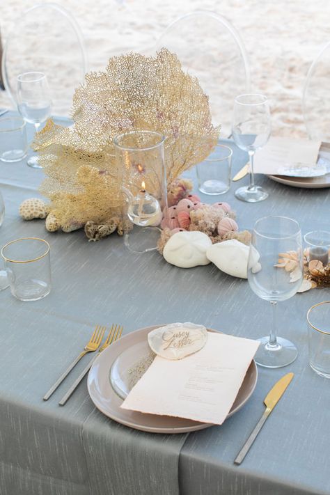 Rosemary Events - Wedding & Event Producer - California, Napa Valley, Worldwide - Rosemary Events Journal Ocean Tablescape, Mermaidcore Wedding, Beach Wedding Table Decorations, Ocean Centerpieces, Seashell Birthday, Seaside Wedding Decor, Pink Sands Beach, Sarah Winward, Harbour Island Bahamas