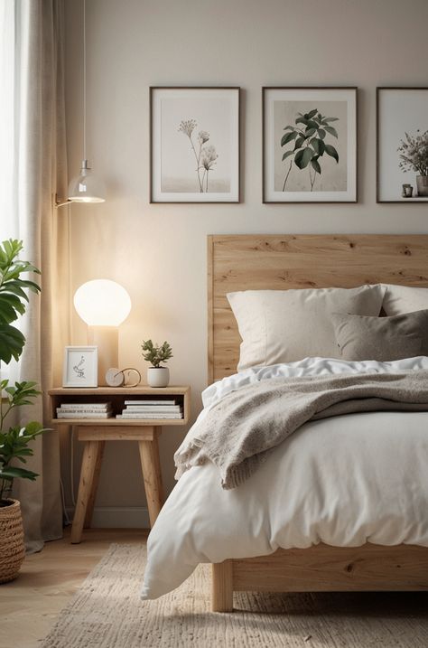 Scandinavian Farmhouse Style Interior Design, Bedroom Wood Bed, Cozy Airbnb Bedroom, Bedroom Ideas White Walls, Interior Bedroom, Scandi Style Bedroom, Modern Scandinavian Bedroom, Scandinavian Home Interiors, Bedroom Scandinavian