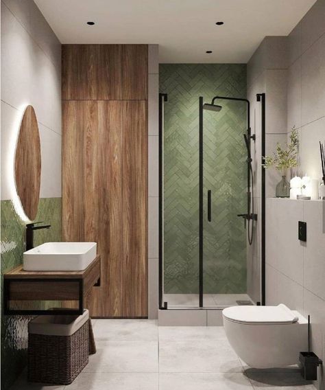 Earthy Apartment Bathroom, Green Grey Wood Bathroom, Green Bathroom Natural Wood, Green Tile Restroom, Beige Tiles Green Walls Bathroom, Green Tile Washroom, Olive Green Washroom, Wooden Wall Bathroom, Spa Style Bathroom Ideas