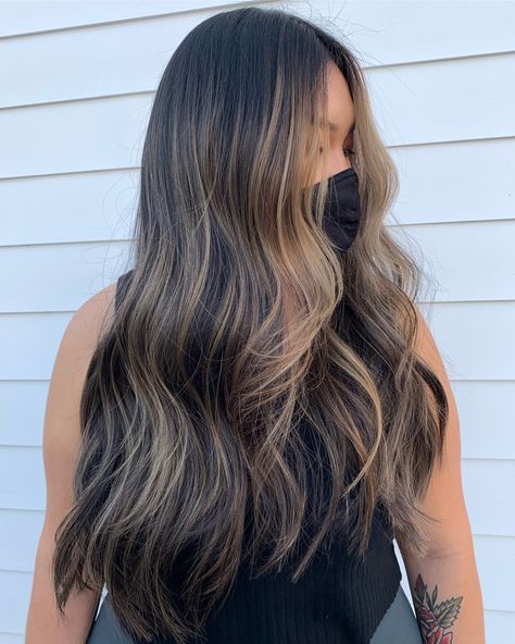 Long Dark Brown Hair With Babylights, Long Hair Babylights, Bronde Balyage Long Hair, Side Part Brunette Balayage, Hairlights In Dark Hair, Brown Hair Blonde Babylights, Brown Foilayage Hair, Balyage On Dark Brown Hair, Bronde Balayage Black Hair