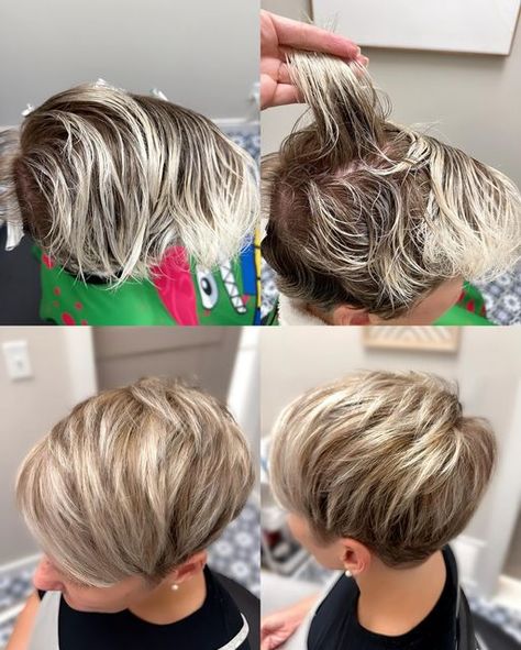 NE Florida Short Hair Stylist on Instagram: "Becky's hair went from regrowth on platinum ends to platinum blonde highlights plus, champagne blonde highlights, plus a cozy chocolate lowlight. She’s all ready for fall and winter! 💇‍♀️🍂❄️ #ameliaisland #ameliaislandhairstylist #fernandinabeach #fernandinabeachhairstylist #shorthairstylist #highlightlowlight #pixiecuts" Short Blonde With Highlights, Blond Short Hair With Lowlights, Low Lights On Short Hair, Cool Blonde Highlights Short Hair, Platinum Blonde Highlights On Brown Hair Short Hair, Short Brown Hair With Ash Blonde Highlights, Platinum Blonde With Lowlights Short, Pixie With Blonde Highlights, Blonde Highlights On Light Brown Hair Short