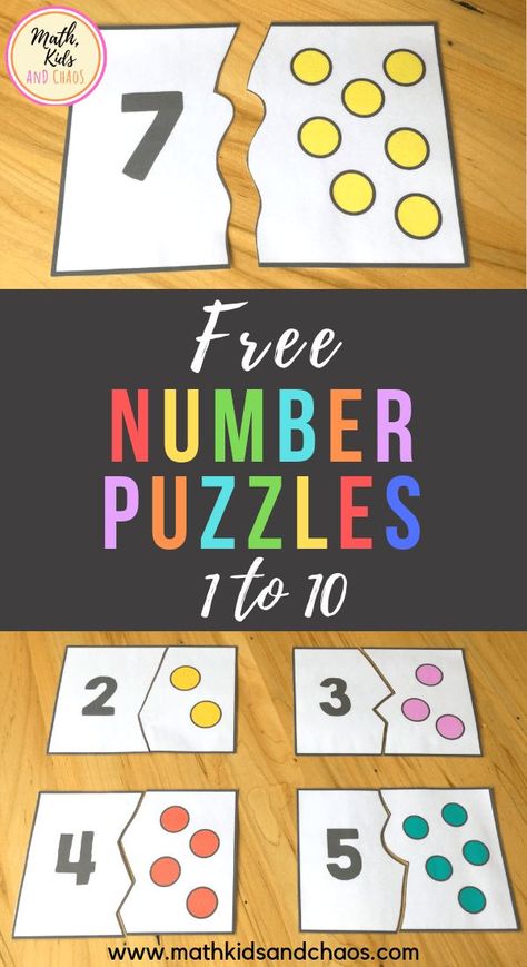 FREE number puzzles for the numbers 1 - 10. These fun, colorful number puzzles are perfect for preschool and Kindergarten age children to practice counting and number recognition skills. Each puzzle card is split into two pieces - a number and a dot picture. Puzzles are self-correcting, meaning that two puzzle pieces will only fit together if the math is correct. Free to download. Click through to read more! #mathcenters #numbersense #numbersto10 #preschoolmath #mathkidsandchaos #numberpuzzle Emergent Mathematics Activities, Preschool Number Puzzles, Portfolio Project, Numbers Kindergarten, Daycare Ideas, Number Puzzles, Numbers Preschool, Math Activities Preschool, Maths Puzzles