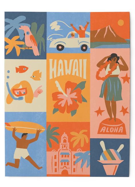 Hawaii Illustration, Hawaii Aesthetic, Travel Poster, Travel Posters, Vector Art, Color Palette, Hawaii, Illustrations, Travel