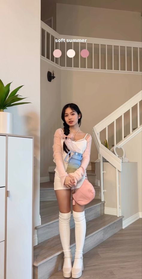 Pink Knee High Socks Outfit, Pink Acedamia Outfits, Jessy Luxe, Jessica Vu Outfit, Sheer Knee High Socks Outfit, Cocette Aesthetic Outfit Pink, Thigh High Sock Outfit, White Thigh High Socks Outfit, Dress With Thigh High Socks