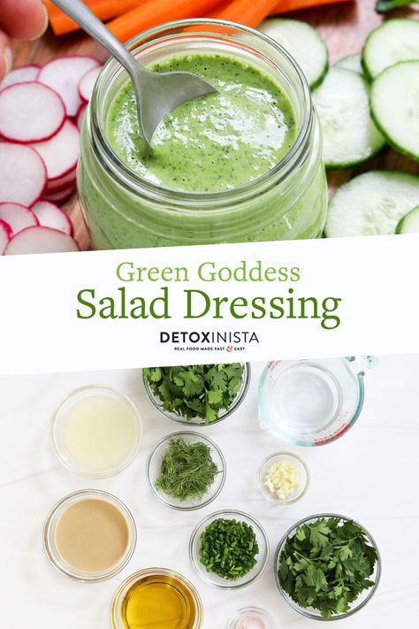 Green Goddess Dressing is a delicious way to use up any fresh herbs you have on hand! Serve it over salads, or as a healthy dip with veggies. Dr Mcdougall Recipes, Gina Livy Recipes, Gluten Dairy Sugar Free Recipes, Dip With Veggies, Gina Livy, Green Goddess Salad Recipe, Green Goddess Dip, Goddess Dressing Recipe, Salads Lunch