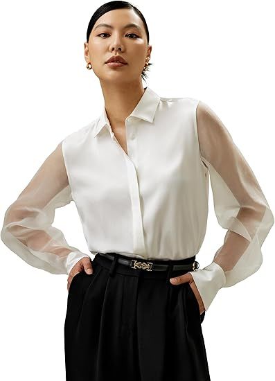 LilySilk Womens Pure Silk Shirt Ladies Silk Blouse with Crisp Sheer Sleeves and Smooth Finish Main Body at Amazon Women’s Clothing store Womens Active Wear Outfits, Silk Knit, Satin Blouse, Silk Charmeuse, Silk Twill, Knitwear Tops, White Silk, Silk Crepe, Sheer Sleeves