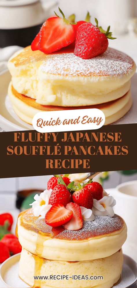 Elevate your breakfast with these irresistibly fluffy Japanese Soufflé Pancakes. Soft and airy, they are like clouds on your plate, creating a melt-in-your-mouth sensation. Perfect for a cozy morning or impressive brunch, you'll love how easy these pancakes are to make! Using just a few ingredients, follow this simple recipe to achieve restaurant-quality pancakes right in your kitchen. Serve them warm with syrup and your favorite toppings. Treat yourself and loved ones to this delightful cloud-like breakfast! Puffy Pancake Recipe, Japanese Souffle Pancake Recipe, Japanese Fluffy Pancakes, Puffy Pancakes, Soufflé Pancakes, Fluffy Pancake Recipe, Japanese Pancake, Souffle Pancakes, Pancake Recipe Easy