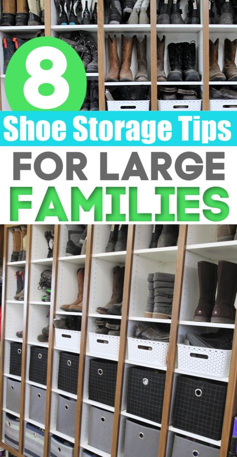 Shoe Storage Tips For Large Families - Thrifty Nifty Mommy Boots And Shoes Storage, Large Cubby Storage, Family Coat And Shoe Storage, Basement Shoe Storage Ideas, Shoe Storage For Garage, Shoe Storage Laundry Room, Shoe Storage Large Family, Shoe Storage Ideas Garage, Large Family Shoe Storage Entryway