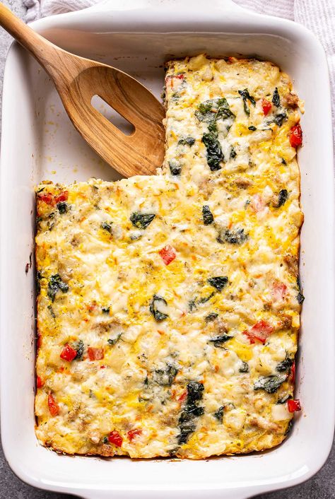 Sausage, Potato, and Kale Breakfast Casserole is a delicious egg dish to serve for the holidays or brunch. You can prep it the day before and bake it in the morning! Kale Breakfast Casserole, Kale Breakfast, Eggs And Kale, Garlic Kale, Sausage Potato, Sausage Bake, Sausage Potatoes, Canadian Bacon, Egg Recipes For Breakfast