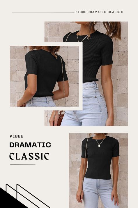 Classic Fitted T-shirt For Everyday, Dramatic Classic Kibbe Style Hair, Classic Fitted Solid Knit Top, Classic Fitted Scoop Neck T-shirt, Classic Fitted Knit T-shirt, Kibbe Dramatic Classic Outfits, Classic T-shirt With Ribbed Neckline, Dramatic Classic Kibbe, Dramatic Classic Casual Outfits