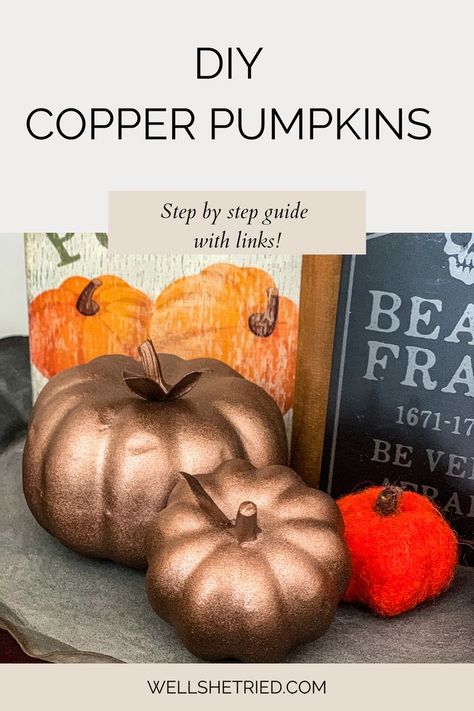 DIY Copper Pumpkins using just a can of spray paint! Make these Aged Copper Pumpkins, perfect for DIY Fall décor! #pumpkindiy #diyhalloweendecorations #diyfalldecor #diy #howto #falldecor #diypumpkinscrafts Copper Pumpkins, Diy Pumpkins Crafts, Copper Spray Paint, Diy Copper, Pumpkin Uses, Diy Spray Paint, Diy Light Fixtures, Copper Diy, Aged Copper