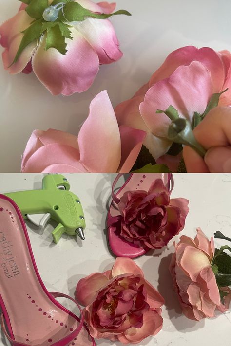 flower heels aesthetic Customized Heels Diy, Upcycle Heels Diy, Diy Flower Outfit, Flower Shoes Heels, Flower Heels Aesthetic, Flower Aesthetic Outfits, Flower Outfit Aesthetic, Flowers Heels, Heels With Flowers