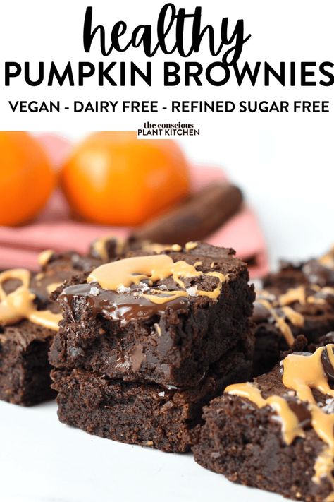 Pumpkin Brownie Recipe Vegan Pumpkin Brownies, Wheat Free Baking, Conscious Plant Kitchen, Vegan Thanksgiving Dessert, Sugar Free Brownies, Pumpkin Brownies, Vegan Pumpkin Recipes, Low Carb Brownies, Plant Kitchen